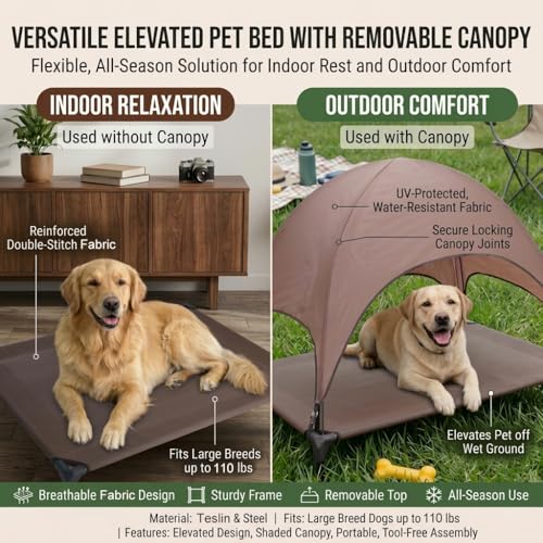 Outdoor Elevated Dog Cot, Portable Pet Bed with Removable Shade Water Resistant, Breathable Cooling Dog Camping Tent for Large Dogs Indoor Outdoor Backyard Camping Beach