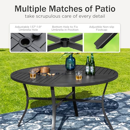 PHI VILLA Patio Dining Set 5 Piece, 4 Breathable Textilene Swivel Patio Chairs and 1 Round Metal Table with 1.57" Umbrella Hole, All Weather Resistant for Lawn Garden - color: Brown Fabric, size: 42" Dia x 28"H-5 Piece-Metal