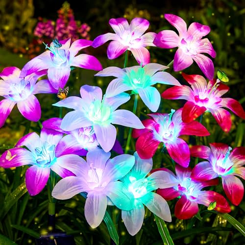 Ahaorigin Solar Garden Lights Outdoor, 6 Pack Blooming Lily Solar Flowers Outdoor Waterproof, 7 Color Changing Bigger Flower Lights for Yard Patio Outside Decorative Mom Gift - size: 6 Pack