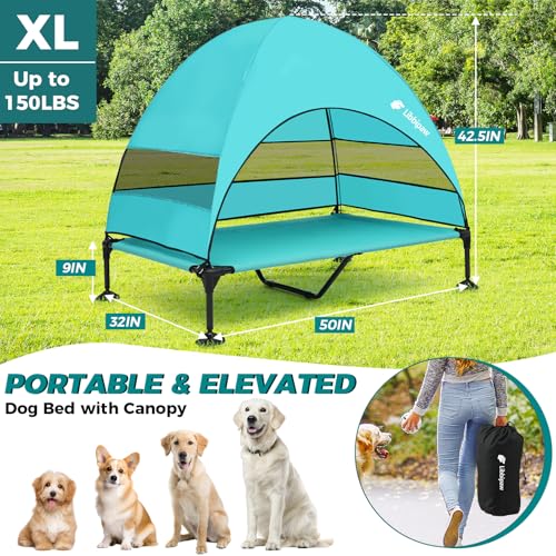 Windproof Elevated Dog Bed with Canopy & Stakes, 3-Sided 90% UV Block, Chew-Proof Teslin Mesh Mat for Large Dogs up to 150lbs(Blue X-Large) - color: Blue, size: X-Large