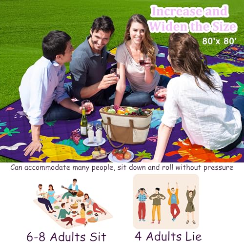 Extra Large Picnic Blanket Waterproof,80"x 80"Foldable Machine Washable Beach Blankets,Outdoor Blanket for 6-8 Adults,Picnic Mat Suitable for Indoor Crawling,Park Beach,Camping,Hiking,Travel（Dinosaur) - color: Blue Dinosaur, size: 6'8" x 6'8" (Square)