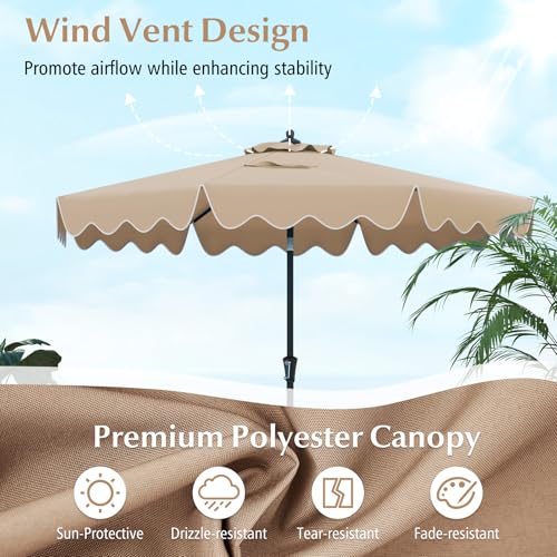 Tangkula 9Ft Patio Umbrella with Crank, 2-Tier Outdoor Umbrella with Push Button Tilt, Sun-Protective Canopy, 8 Ribs, Scalloped Patio Umbrella for Outdoor Beach Deck Pool Table (Coffee) - color: Coffee, size: 9Ft