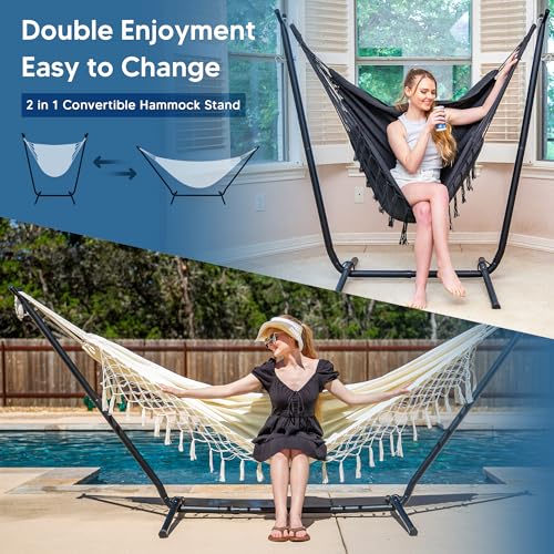 SUNCREAT 2-in-1 Convertible Portable Double Hammock with Stand Included, Outdoor Hammock and Stand, Patented, Natural Tassel - color: A-natural Tassel