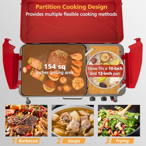Giantex Portable Propane Grill & Camping Stove, 20,000 BTU Gas Camping Grill Burner, Independent Temperature Control, 3-Sided Wind Guard, Detachable Legs, for BBQ, Tailgating, Outdoor Cooking (Red) - color: Red