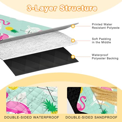 Extra Large Picnic Blanket Waterproof,80"x 80"Foldable Machine Washable Beach Blankets,Outdoor Blanket for 6-8 Adults,Picnic Mat Suitable for Indoor Crawling,Park Beach,Camping,Hiking,Travel（Flamingo） - color: Green Flamingo, size: 6'8" x 6'8" (Square)