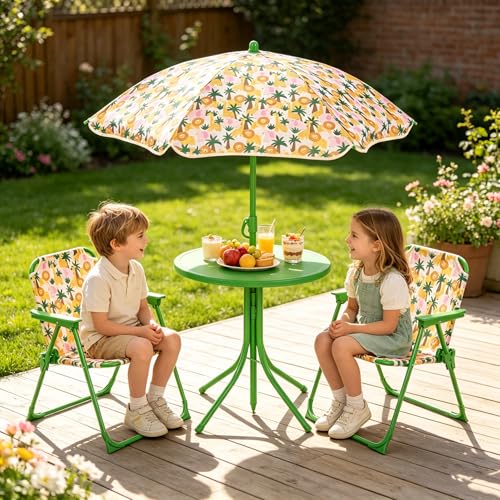 KOTEK Kids Picnic Table with Umbrella, Outdoor Table & 2 Folding Chairs, Cute Pattern Children’s Patio Furniture, Portable Kids Table and Chair Set for Backyard, Garden, Beach (Green Forest) - color: Green Forest