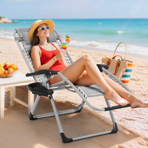 Magshion Zero Gravity Chair with Cushion, Reclining Outdoor Patio Lounge Chair, Folding Indoor Anti Gravity Recliner, Portable Lounger with Removable Cup Holder Side Tray and Pillow Headrest (Grey) - color: Grey