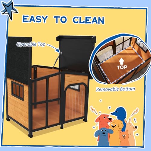 PawHut Outside Cabin-Style Wooden Dog House for Large Dogs with Openable Roof & Giant Window, Outdoor & Indoor Big Dog Shelter, Asphalt Roof, Yellow - color: Yellow