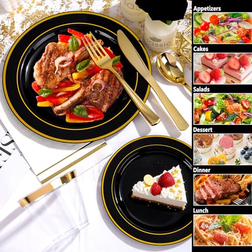GATHER 700PCS Black Plastic Plates - Gold Disposable Plastic Dinnerware Set Include 200 6.3inch/9inch Black Plates, 300 Silverware, 100 Napkins, 100 Cups for Party & Wedding & Birthday - color: Black, size: 100 Guests