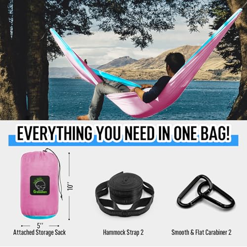 Grassman Camping Hammock Double & Single Portable Hammock with Tree Straps, Lightweight Nylon Parachute Hammocks Camping Accessories Gear for Indoor Outdoor Backpacking, Travel, Hiking, Beach - color: Pink & Blue, size: One Person