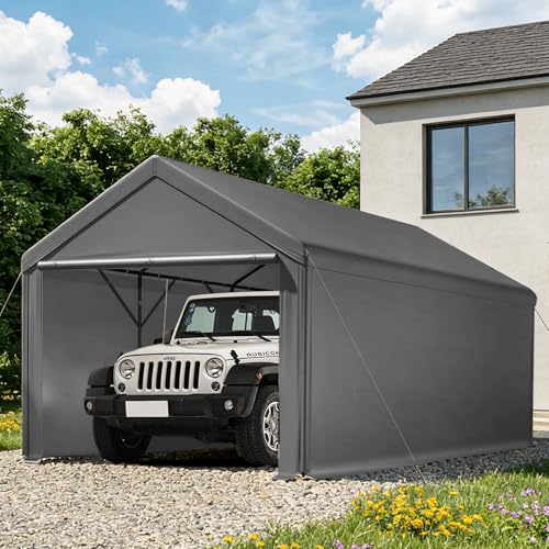 Carport, 10x20ft Heavy Duty Car Port, Portable Garage with Steel Frame, Carports Canopy Storage Shed Party Tent with Waterproof Tarp for Car Boat Truck (Grey) - color: Gray