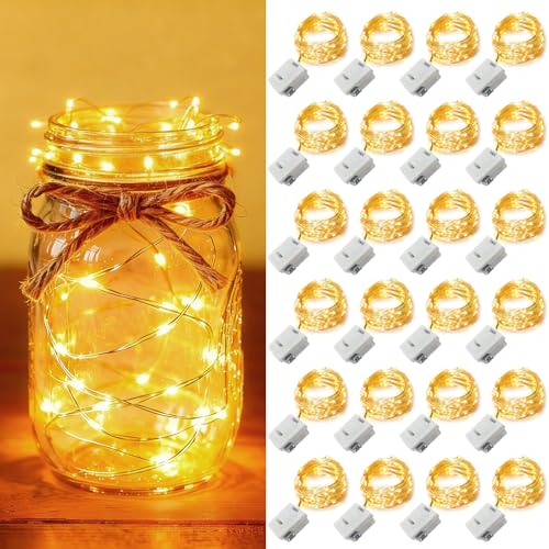 24 Pack Fairy Lights Battery Operated [3 Modes] 7ft 20 LED Mini Twinkle String Lights Waterproof Silver Wire Firefly Starry Lights for Wedding Party Mason Jars Christmas Decorations, Warm White - color: Warm White