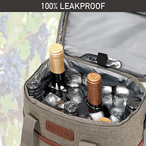 opux 6 Bottle Carrier Tote | Insulated Padded Wine Cooler Bag for Travel. Picnic, BYOB | Portable Leakproof Wine Tote Bag for Dinner, Party, Christmas, Wine Gift for Women, Men (Heather Taupe) - color: Heather Taupe, size: 6 Bottle