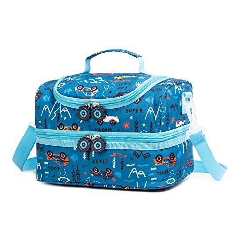 Insulated Kids Dual Compartment Lunch Bags Tote Pack for Girls Boys Toddler Kindergarten School Picnic Food Cooler Boxes with Shoulder Strap (Blue Car) - color: Blue Car
