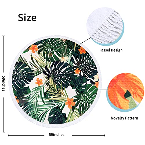 Benefeet Sox Beach Towel Large Round Mandala Pool Towels Tassels Microfiber Quick Dry Beach Blanket Throw Bohemian Roundie Swim Pool Circle Towel, 59 Inches - color: Tropical Palm Tree Leaf Flowers, Green