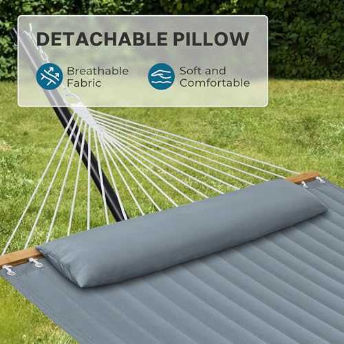 SUPERJARE Hammock with Stand, 2 Person Quilted Outdoor Hammock, Detachable Pillow & Bamboo Spreaders, Portable Hammock with Carrying Bag, Heavy Duty Stand, Perfect for Outside, Patio, Neutral Gray - color: Neutral Gray, size: 55.1"W × 74.8''D × 43.3''H