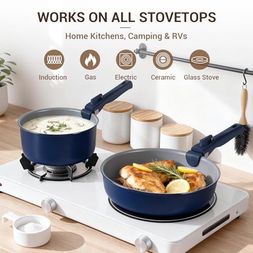 Ammeloo 18-Piece Ceramic Pots and Pans Set Non Stick, Non Toxic Cookware Set with Removable Handles, Pot Sets for Cooking, Induction Ready, Dishwasher & Oven Safe, PFAS PFOA & PTFE Free (Navy Blue) - color: Navy Blue
