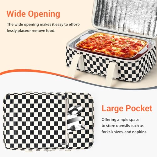 Insulated Casserole Carrier for Hot or Cold Food,Pie Carrier Bag Lunch Bag Tote for Potluck Parties/Picnic/Cookouts, Fits 9"x13" Baking Dish,Single Corduroy Black Checkered Pattern - color: Corduroy black checkered pattern, size: Single Layer