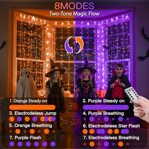 suddus Color Changing Curtain Lights for Halloween, 200 LED 6.5ft x 6.5ft Hanging String Lights with USB, Curtain Fairy Lights Indoor for Bedroom Wall, Party, Porch, Holiday, Purple and Orange - color: Purple & Orange, size: USB-200 LED