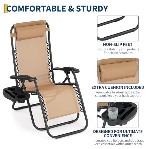 Garvee Camping Chairs Set of 2, Patio Lounge Chair Outdoor with Pillows & Cup Holder Trays, Adjustable Folding Patio Lawn Chair for Deck,Beach, Yard Khaki - color: #Black