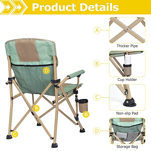 XGEAR Camping Chair with Padded Hard Armrest, Sturdy Folding Camp Chair with Cup Holder, Storage Pockets Carry Bag Included, Support to 400 lbs - color: Green With Khaki