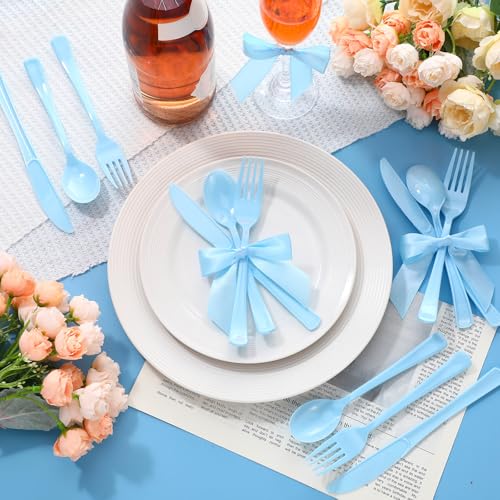 Minatee 25 Sets Light Blue Plastic Cutlery Set with Twist Tie Bows, Heavy Duty Tableware Disposable Forks Knives Spoons Silverware Utensils Set for Coquette Birthday Bow Party Table Setting Picnics - color: Light Blue