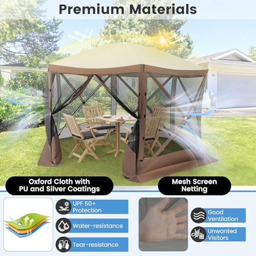 Tangkula 11.5x11.5 Ft Pop Up Gazebo with Netting, Portable Screen Tent with 6 Sided Mesh Walls, 2 Sunshade Cloths, Outdoor Instant Canopy Shelter with Carry Bag for Camping, Lawn, Backyard - color: Brown, size: 11.5x11.5 Ft