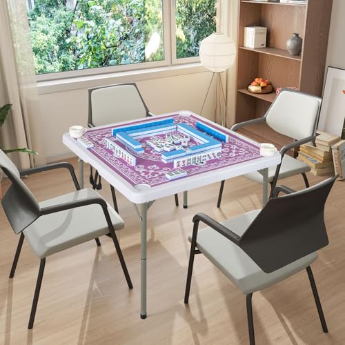Goplus Mahjong Table, 35" Square Folding Card Table w/4Cup Holders, Anti Slip Mat, HDPE Tabletop, Metal Legs, Portable Mahjong Game Table for Domino Game, Picnic (Pink, Table w/Removable Mat) - style: Pink, Table w/Removable Mat
