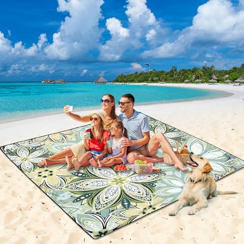 HIHOHO Beach Blanket Waterproof Sandproof Beach Mat for 1-8 Adults Quick Drying Durable Outdoor Picnic Mat for Beach Festival Travel Camping Hiking (Flourishing Blossom-Y&GN, 79"×83"(4 Person)) - color: Flourishing Blossom-y&gn, size: 6'11" x 6'7"