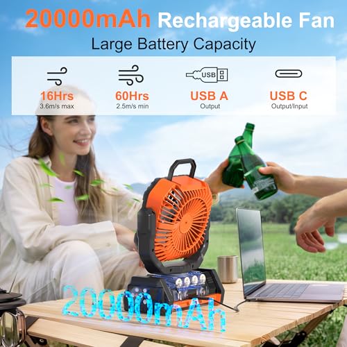 Honesorn Portable Rechargeable Fan 20000mAh, Camping Fan with LED Light & Remote, USB C Cordless Battery Powered, 4 Speeds Timer Hanging Hook for Travel Tent Outdoor Essentials - Orange - color: Orange