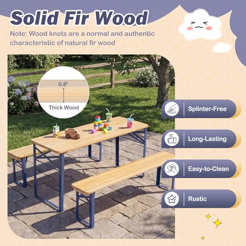 Costzon Kids Picnic Table, 43.5 Inch Folding Picnic Table with 2 Benches, Fir Wood Top & Metal Frame, No Assembly 3-Piece Portable Kids Indoor/Outdoor Furniture for Patio Backyard Daycare (Navy Blue) - color: Navy Blue