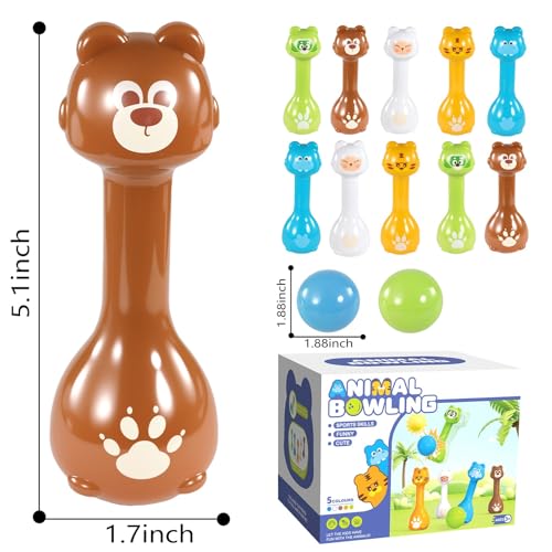 Mini Toddler Bowling Set Ages 1-5, Cute Animal Pins for First Birthday, Lightweight Indoor Montessori-Inspired Game with 10 Plastic Pins & 2 Balls, Boys Girls Toddler Gift