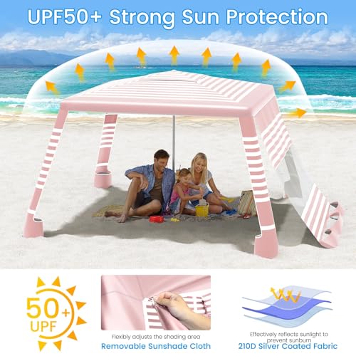 MoKo Beach Cabana, 8'×8' Large Beach Canopy with Side Wall, UPF 50+ Protection Easy Setup Beach Tent Sun Shelter, Adjustable Height Wind Resistant Cabana Beach Tent for Whole Family, Pink Stripe - color: Pink Stripe