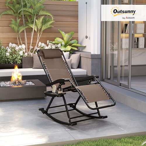 Outsunny Outdoor Rocking Chairs, Foldable Reclining Zero Gravity Lounge Rocker with Pillow, Cup & Phone Holder, Combo Design with Folding Legs, Brown - color: Brown, size: 1 Pack