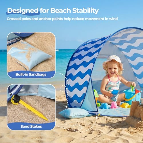 Pop Up Baby Beach Tent - Baby Tent for Toddler Beach Essentials with UPF 50+ UV Protection Canopy, Portable 41.4 x 35.5 x 31.5 in Sun Shade Summer Outdoor for Infants (Blue Wave Stripes) - color: Blue Wave Stripes