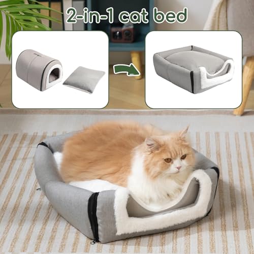 Hollypet Cat Bed Self-Warming 2 in 1 Foldable Kitty Cave Hut House Nest Pet Sleeping Bed, Linen Pet Condo for Indoor Cats, Gray Arched Cave - color: Gray Arched Cave
