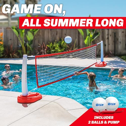 GoSports Splash Net PRO Pool Volleyball Net - Red, White, or Blue - Includes 2 Water Volleyballs and Pump - color: Red