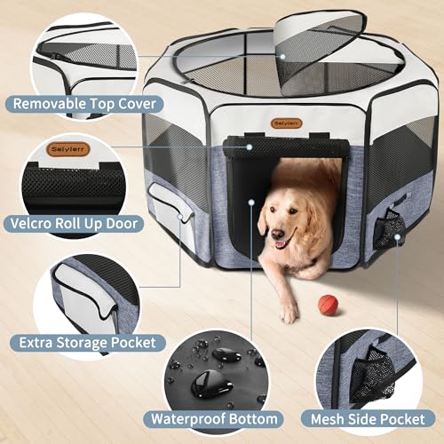 Seiyierr Dog Playpen, Portable Pet Play Pen Foldable Carrying Case, Puppy Pens Outsid for Small Cat Indoor/Outdoor, Removable Mesh Shade Cover - color: Blue, size: Medium