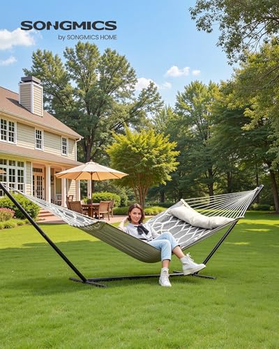 SONGMICS Hammock, Quilted Double Hammock with Padded Pillow, 78.7 x 55.1 Inches, 495 lb Weight Capacity, Portable for Outdoor Relaxation, Garden, Patio, and Camping, Gray UGDC034G02V1 - color: Grey