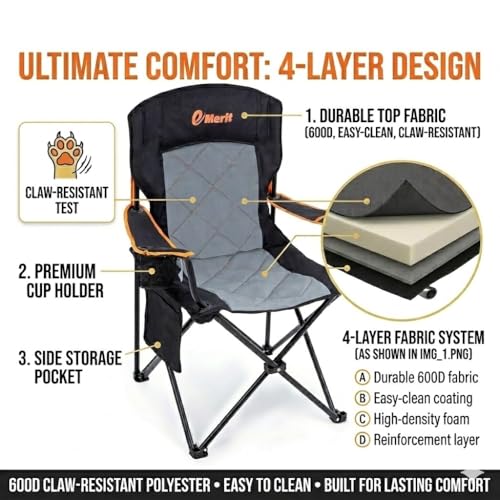 EMERIT 2 Pack Oversized Padded Camping Chair, 350LB Heavy Duty Quad Fold Chair with Arms, Collapsible Outdoor Chairs with Lumbar Back & Cup Holder - color: Black(twin Pack)