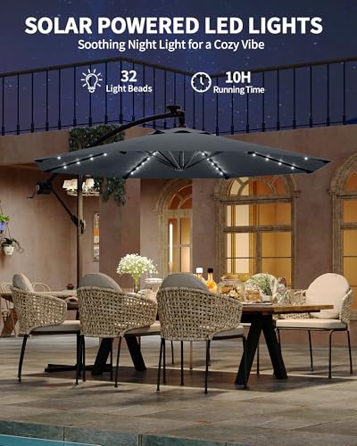 Jojoka 10FT Cantilever Patio Umbrella with Solar LED Lights - Offset Outdoor Umbrella - Easy Lift & Tilt - UV Protection - Fade Resistant - Ideal for Deck, Pool, Garden - color: Grey