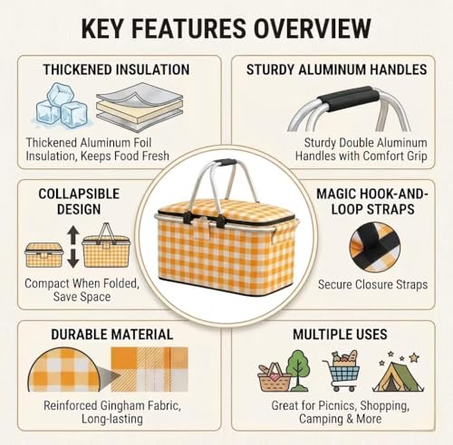 22L Collapsible Picnic Basket with Insulated Cooler, Includes Oversized 80"x80" Waterproof Blanket, Leakproof Aluminum Frame Market Grocery Tote for Family Camping, Beach & Outdoor Dates Yellow Plaid