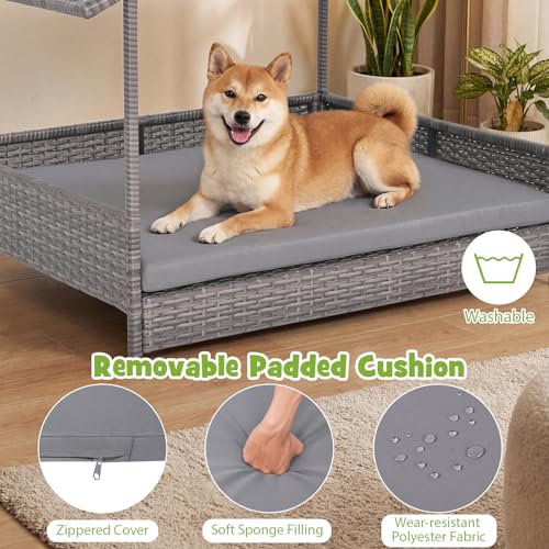 Giantex Outdoor Wicker Dog House with Roof Canopy, Elevated Rattan Dog Bed with Washable Cushion, Weatherproof Patio Pet Bed for Small Medium Dogs, Heavy Duty Metal Frame, 165 lbs, Gray - style: Gray House & Gray Cushion
