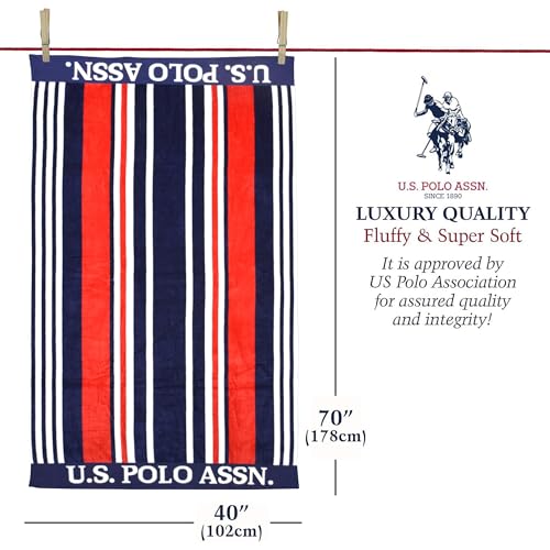 U.S. Polo Assn. 2-Pack Luxury Plush Cotton Oversized (40" x 70") Beach Towels, Striped Nautical Design, Hotel Quality for Bath & Pool- Navy/Red/Orange - color: Navy/Red/Orange, size: 40" x 70"