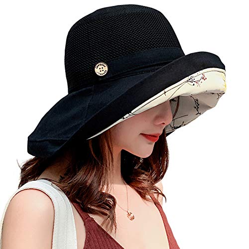 Women Mesh Sun Hats Summer Beach UV Protection UPF Packable Wide Brim Chin Strap - color: Black