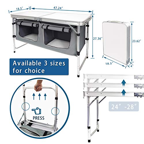CampLand Outdoor Folding Table Aluminum Lightweight Height Adjustable with Storage Organizer for BBQ, Party, Camping - color: White