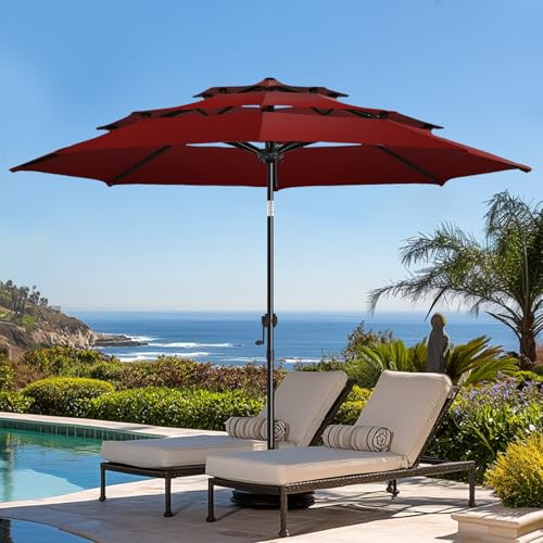 wikiwiki 9ft 3-Tier Patio Umbrella Outdoor Table Market Umbrella for Patio with Push Button Tilt/Crank, Fade Resistant Waterproof POLYESTER Canopy for Garden, Lawn, Deck, Backyard & Pool, Burgundy Red - color: Burgundy Red, size: 9 FT