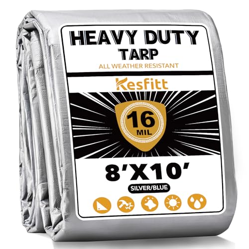 Kesfitt 16 Mil Heavy Duty Waterproof Tarp with Metal Grommets, 8x10 ft, Silver & Blue Reversible Poly Tarp for Outdoor Protection, Yard, Worksite, Equipment, Veicles,Pools Coverage - color: 16mil-silver, size: 8x10 ft