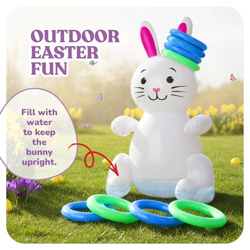 30" Easter Bunny Inflatable Ring Toss Game - Easter Games for Kids with 6 Rings - Weighted Bottom to Keep Inflatable Rabbit Upright - Family Outdoor Easter Party Games for Kids and Adults