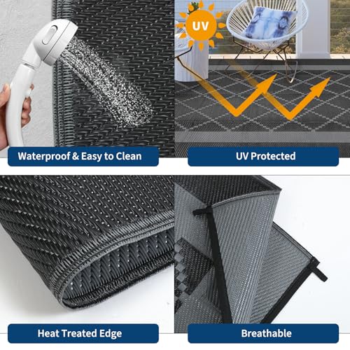 Garvee 8x10 Outdoor Rug for Patios Boho Reversible Camping Carpet, Waterproof Straw Plastic Outdoor Mat with 4 Stakes and Storage Bag for RV, Picnic, Backyard, Deck, Balcony, Porch, Beach, Black - color: Geometric|black&grey, size: 8' x 10' (Rectangular)